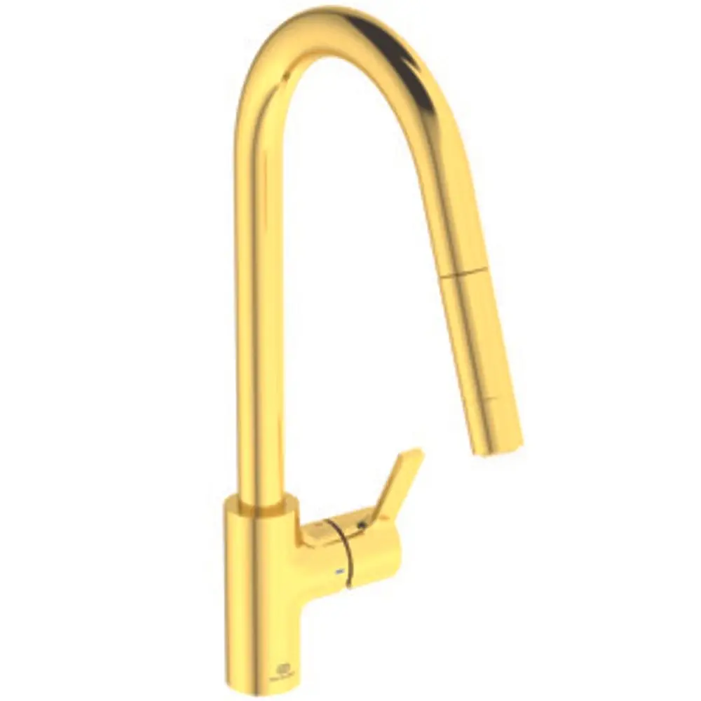 Küchenarmatur in Brushed Gold von Ideal Standard mit hohem, gebogenem Auslauf und integriertem Brausekopf. Einhebelbedienung für einfache Handhabung.